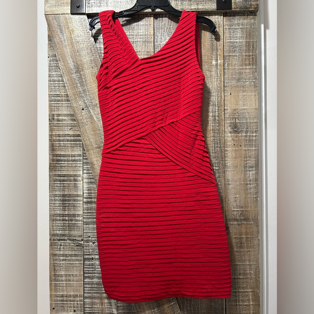 Calvin Klein Red Ribbed Ruched Bodycon Mini Dress